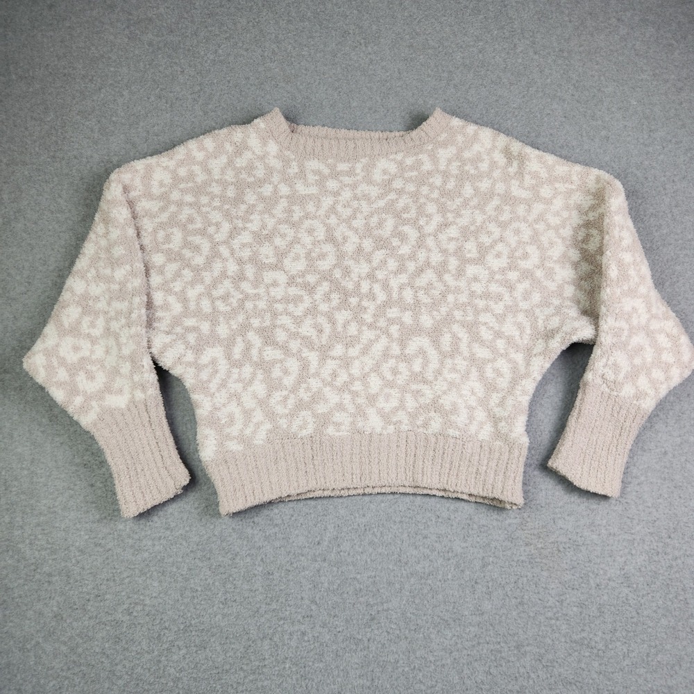 Jessica Simpson Cropped Sweater Womens Small Beige Leopard Batwing Fuzzy Knit